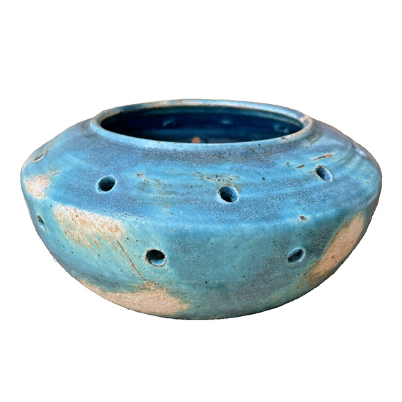 Robert Miler Signed Studio Pottery Turquoise Pierced Ikebana Bowl Vase – 7.5″